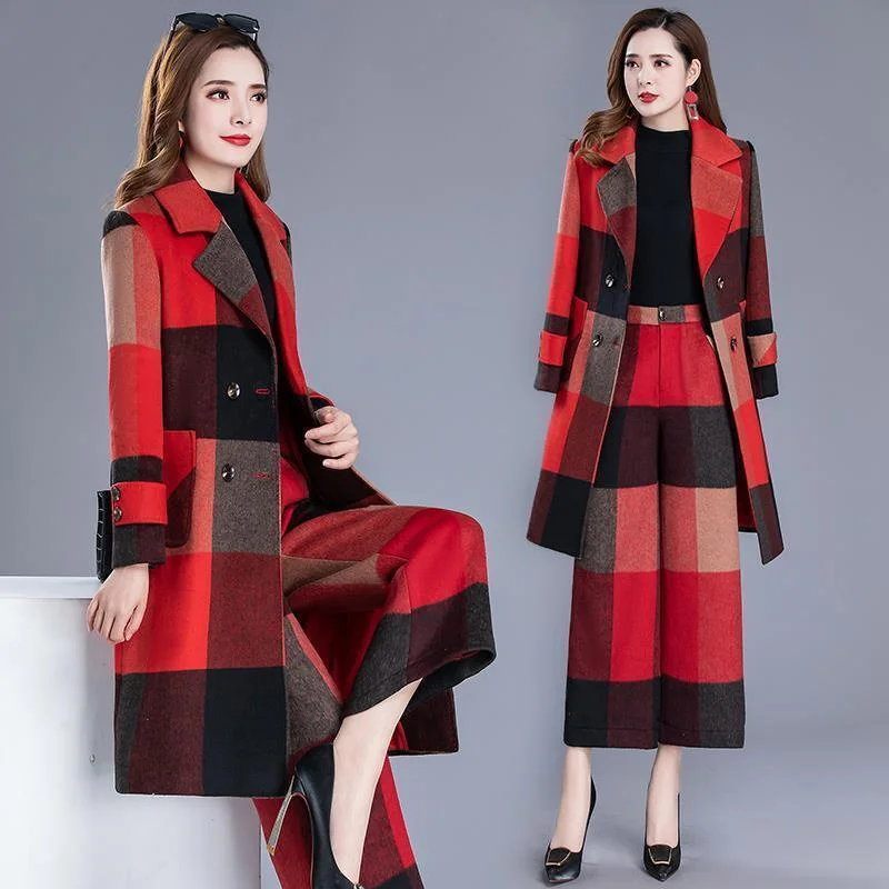 Single/Suit 2024 Women Autumn Winter New Mature Temperament Woolen Plaid Jacket Female Wide Leg Pants Fashionable Two-piece A712