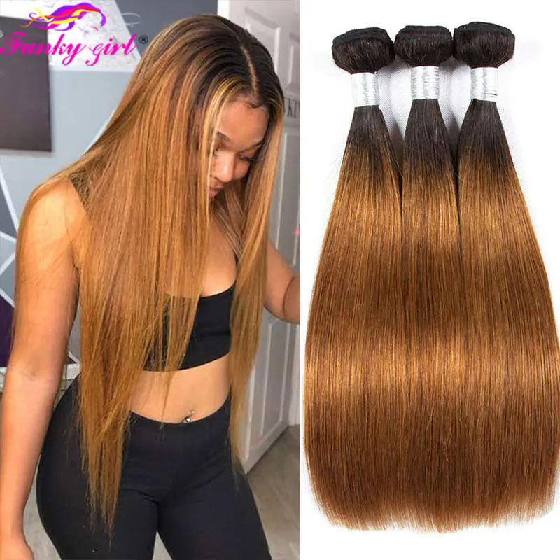 10A Hair Brazilian Bone Straight Hair 1B/30 Human Hair Weave Bundles Two Toned Hair Bundles Ombre Straight Hair 3 Pcs Extensions