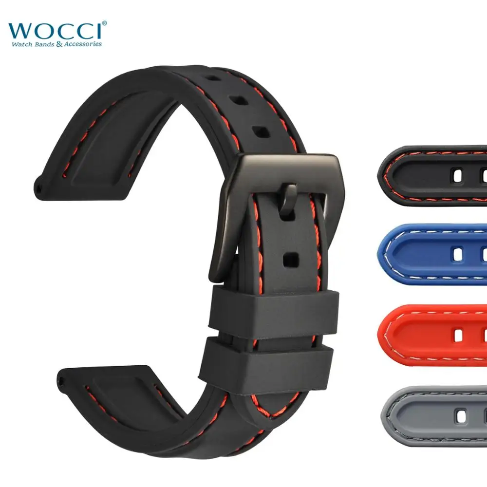 WOCCI Silicone Rubber Watchbands 18mm 20mm 22mm 24mm Diver Black Blue Gray Waterproof Wristband Sport Style Watch Band Strap