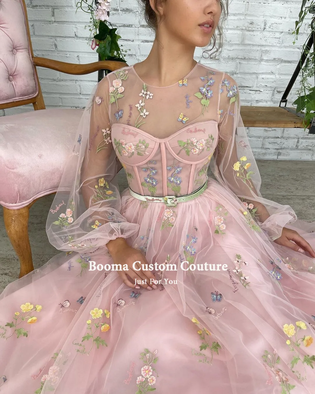 Booma Pink Embroidery Lace Maxi Prom Dresses Long Sleeves Sheer Neckline Tulle Wedding Party Dresses 2021 A-Line Formal Gowns