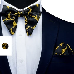 New Mens Big Bow Tie Handkerchief Cufflinks Set Floral Double Fold Bow Ties Red Big Bowtie Pocket Squares For Men Wedding