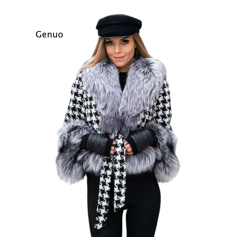 

Faux Fur Collar Jackets Women Fashion Tie Belt Waist Coats Women Elegant Slim Houndstooth Short Jackets Female Ladies Abrigo