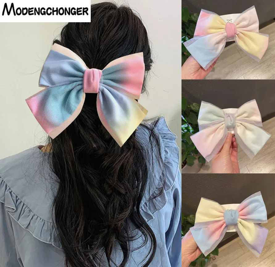 Fashion Big Bows Barrette Fabric Elastic Hair Bands For Women Girls Satin Lace Rainbow Color Hair Accessories Hair Clip Headwear