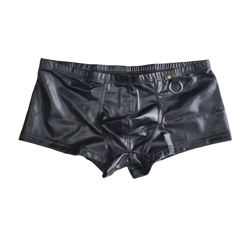 Sexy Men Faux Leather Cock Ring Boxer U Convex Pouch Shiny Boxers PU Sexy Underwear Sheathy Male Stage Gay Wear Plus Size F10