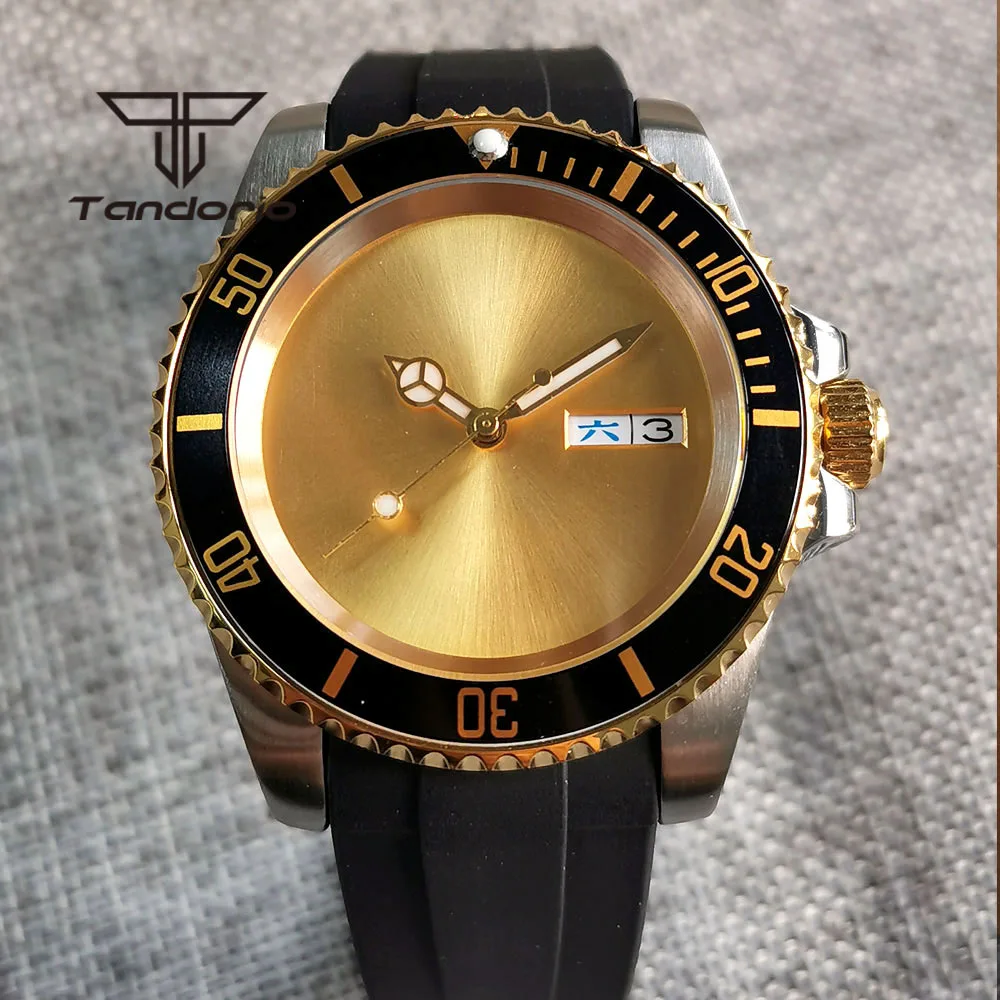 

24 Jewels NH36A Automatic Men Watch Sterile Golden Sunburst Dial Double Calendar Sapphire Glass Ceramic/Alloy Bezel Rubber Strap