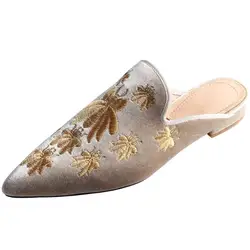 Lovirs Women's Velvet Backless Slip-On Loafers Comfortable Embroidered Mule Slippers Fashionable Casual Flat Footwear