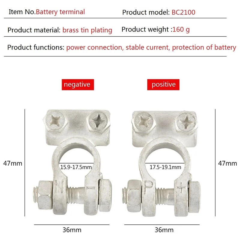 Car Battery Terminals Clamps Pair Screw Connection Positive & Negative Brass  Plated Tin Cables Connectors Accessories