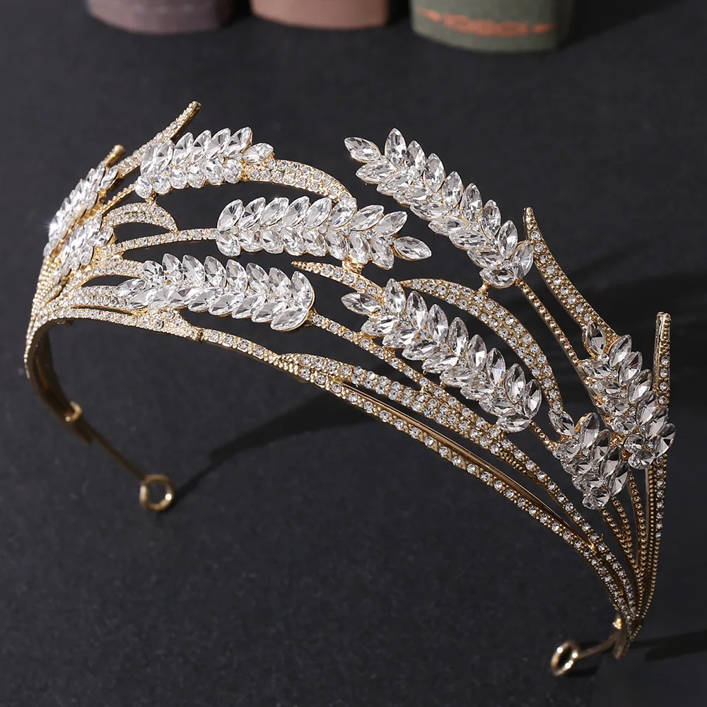 Baroque Crystal Grain Bride Crowns Tiaras Luxury Golden Rhinestone Crown Bridal Marriage Leaf Hair Accessories Wedding Headband