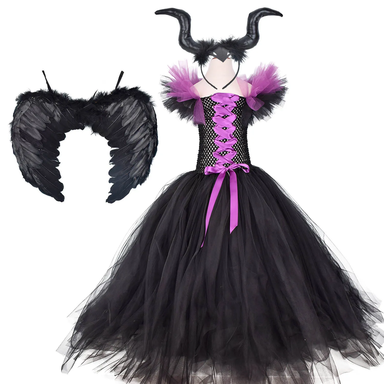 

Girls Black Tutu Dress Maleficent Evil Queen Costume Horns Headband Halloween Cosplay Witch Dress Kids Party Dresses 0-12Y