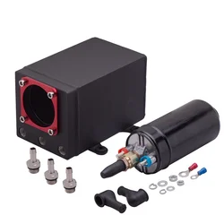 60mm External 044 fuel pump tank racing black Billet aluminium 8mm fitting oil catch can fuel surge tank with 0580254044 pump