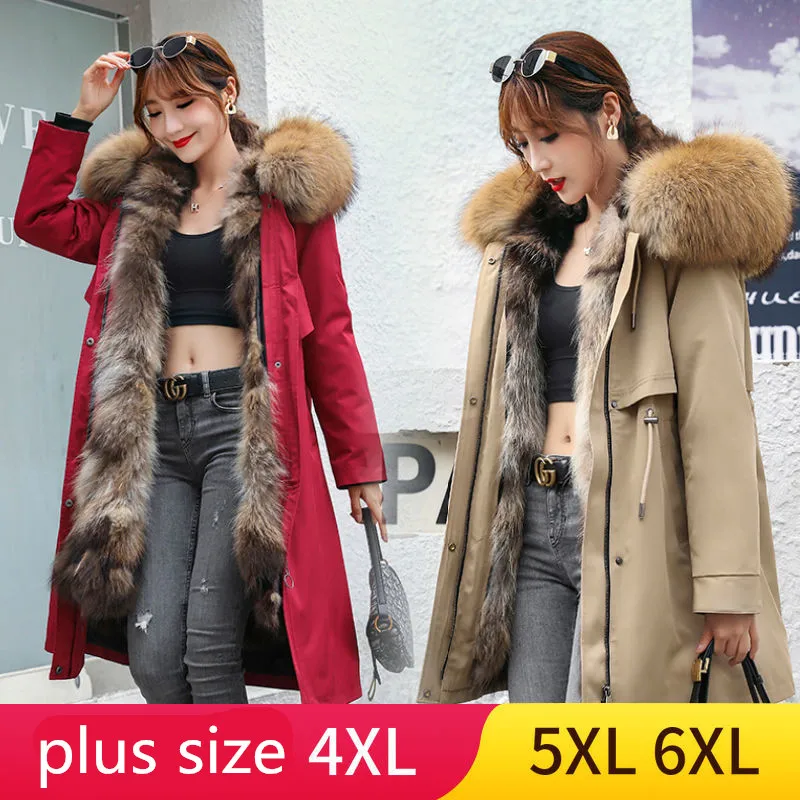 

2022 Real Fur Coat Winter Jacket Women Long Parka Big Natural Raccoon Fur Collar Hood Thick Warm Real Fox Fur Liner M~5XL 6XL