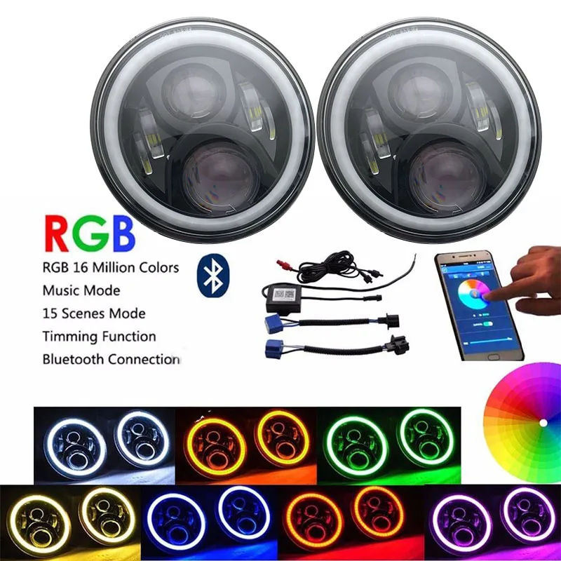 

2PCS RGB 7" LED Headlight 7 Inch Round DRL Headlamp Angel Eyes Halo Ring App Bluetooth Controlled for Jeep Wrangler JK LJ CJ TJ