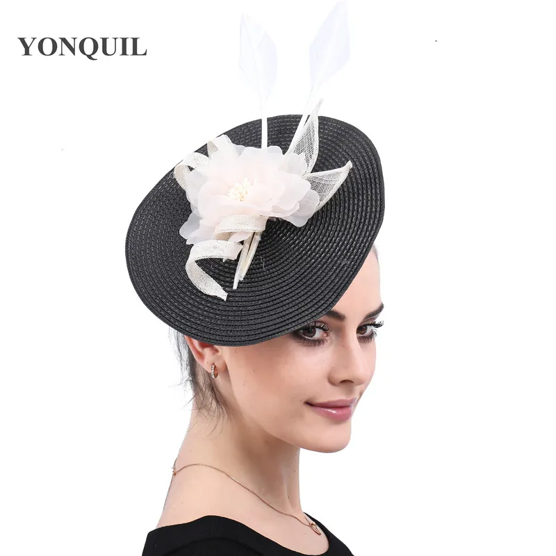 Elegant Women Wedding Headwear Cocktail Fascinators Imitation Straw Black Headdress Gorgeous Lady Fashion Hair Accessories image 4