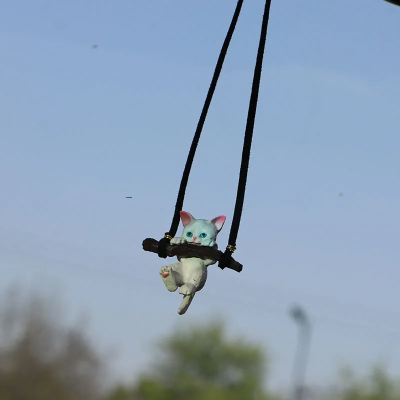 Cute Anime Car Accessorie Little Cat Pendant Auto Rearview Mirror Ornament Swing Kitten Animal Figure Gift Interior Decoraction