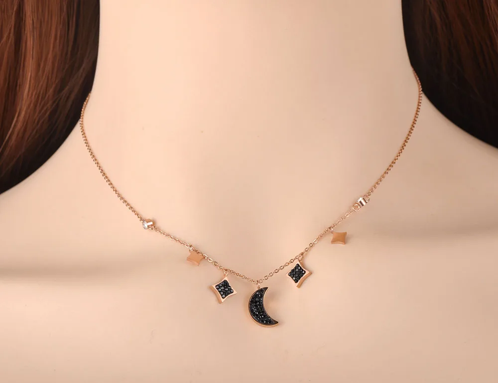 Lokaer Titanium Stainless Steel CZ Crystal Star Moon Charm Pendant Necklace Jewelry Trendy Choker Necklace For Women Girl N19116