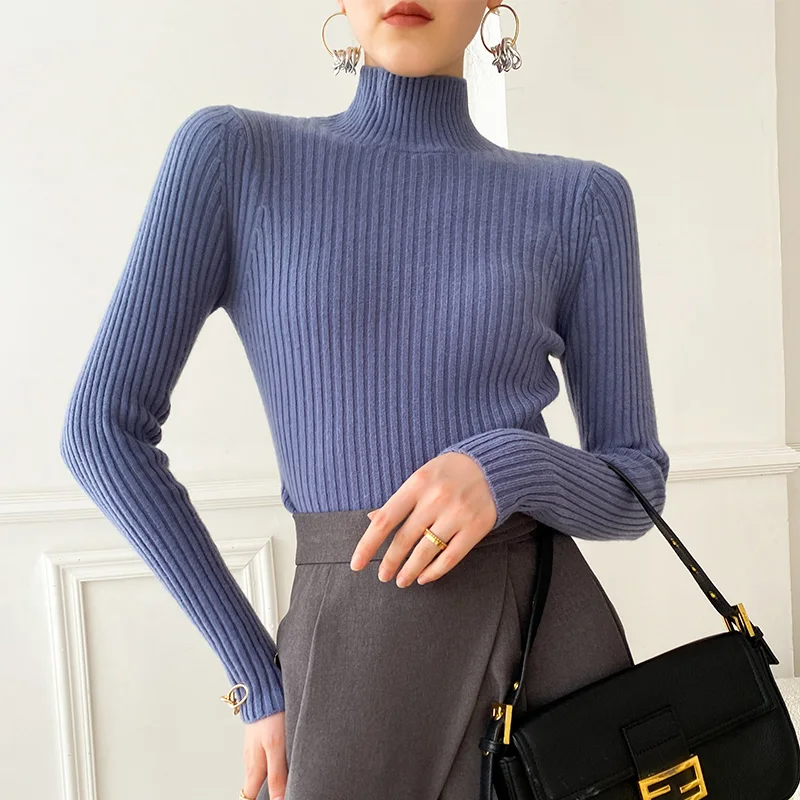 Suéteres de Cachemira de manga larga para mujer, jersey de cuello de imitación a la moda, tops tejidos de primavera y otoño