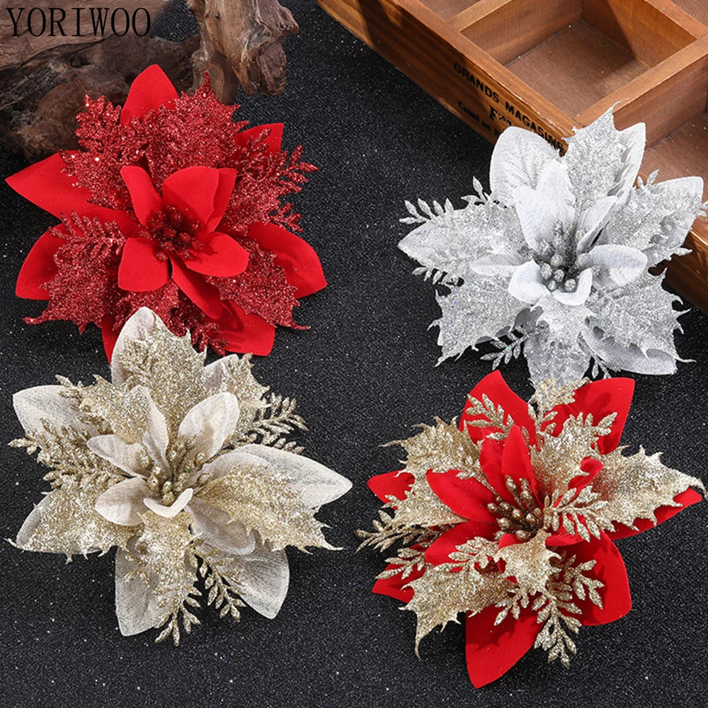 5/10pcs Artificial Christmas Flowers Glitter Fake Flower Head Merry Christmas Tree Decorations Noel Xmas Ornaments New Year Gift