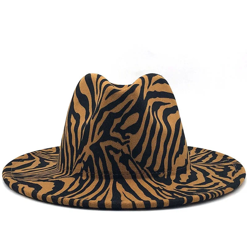 

Flat Simple Unisex Brim Wool Felt Jazz Fedora Hats Zebra pattern Leather Band Decor Trilby Panama Formal Hats Wholesale