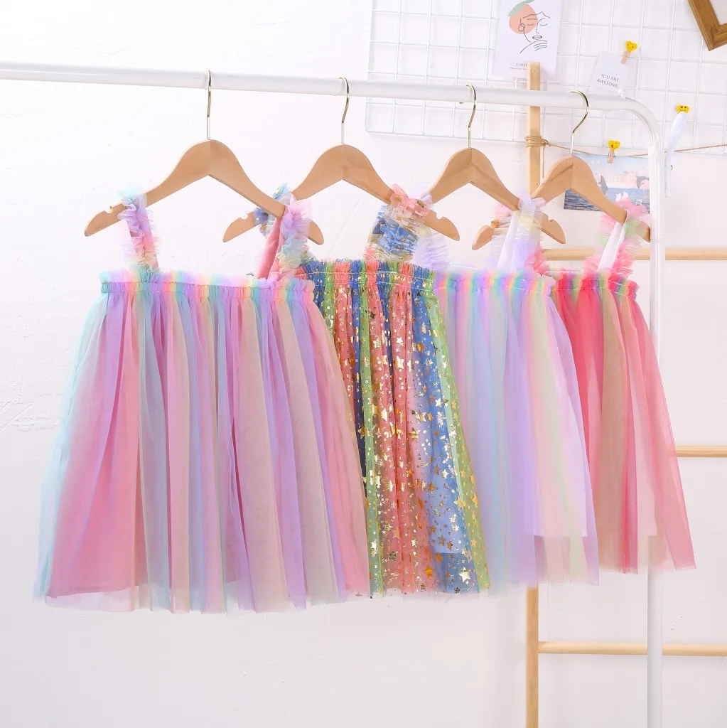 

Summer New Baby Girl Clothes Rainbow Striped Suspender Mesh Baby Dresses Embroidered Sequined Stars Princess Little girl's Dress