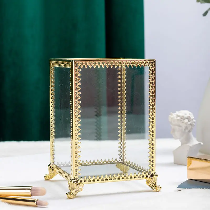 Ins Vintage Glass Makeup Brush Holder Gold Square Prismatic Copper Edging  Cosmetic Holder Lipstick Pencil Storage Container