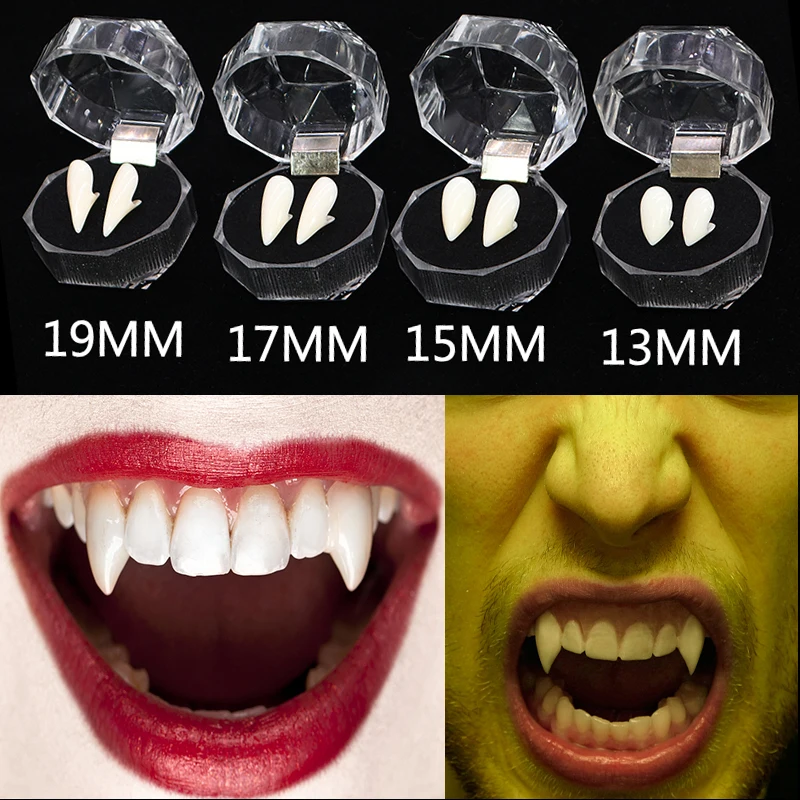 

A pair DIY Safe resin Halloween Costume Props Masquerade Party 13/15/17/19mm Dentures Props Vampire Teeth Fangs for kids adult