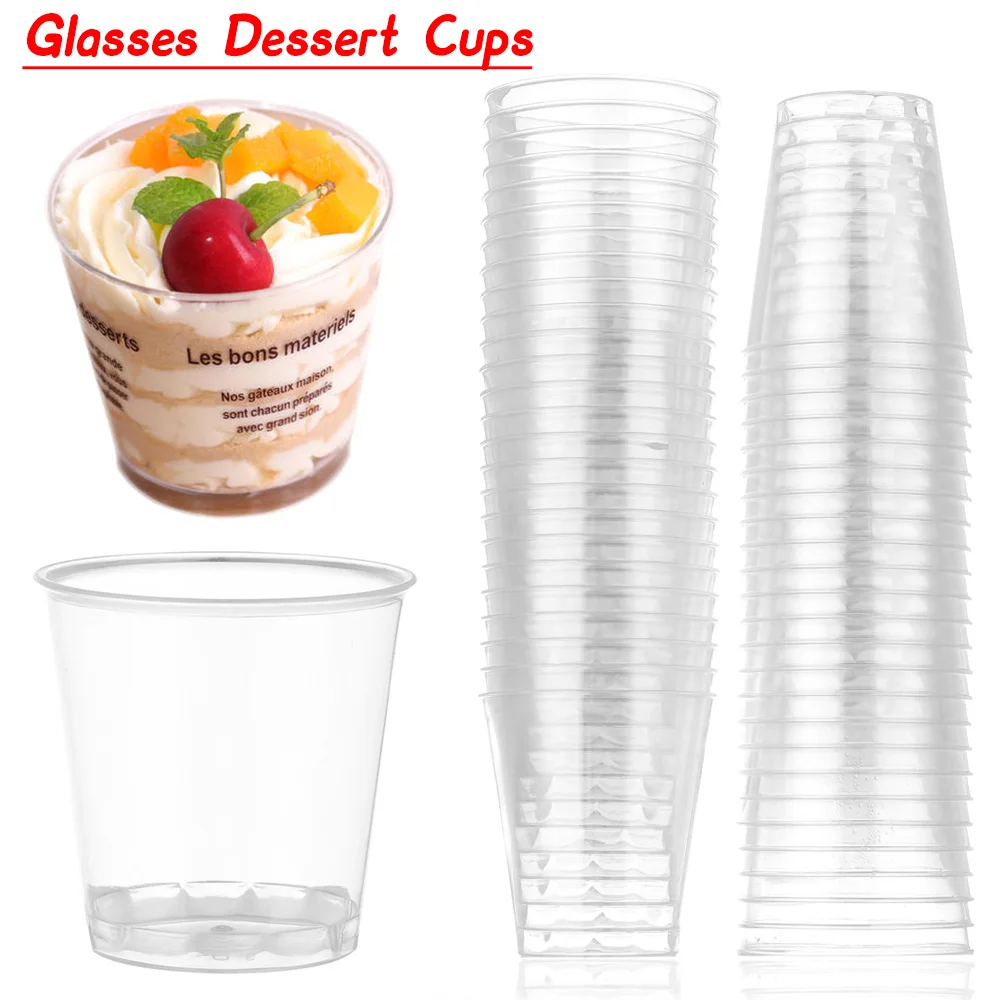 30/50 Pcs Round Reusable Plastic Shot Glasses Dessert Cups Disposable Glass Drinks Transparent Cupcake Pudding Boxes Cake DIY