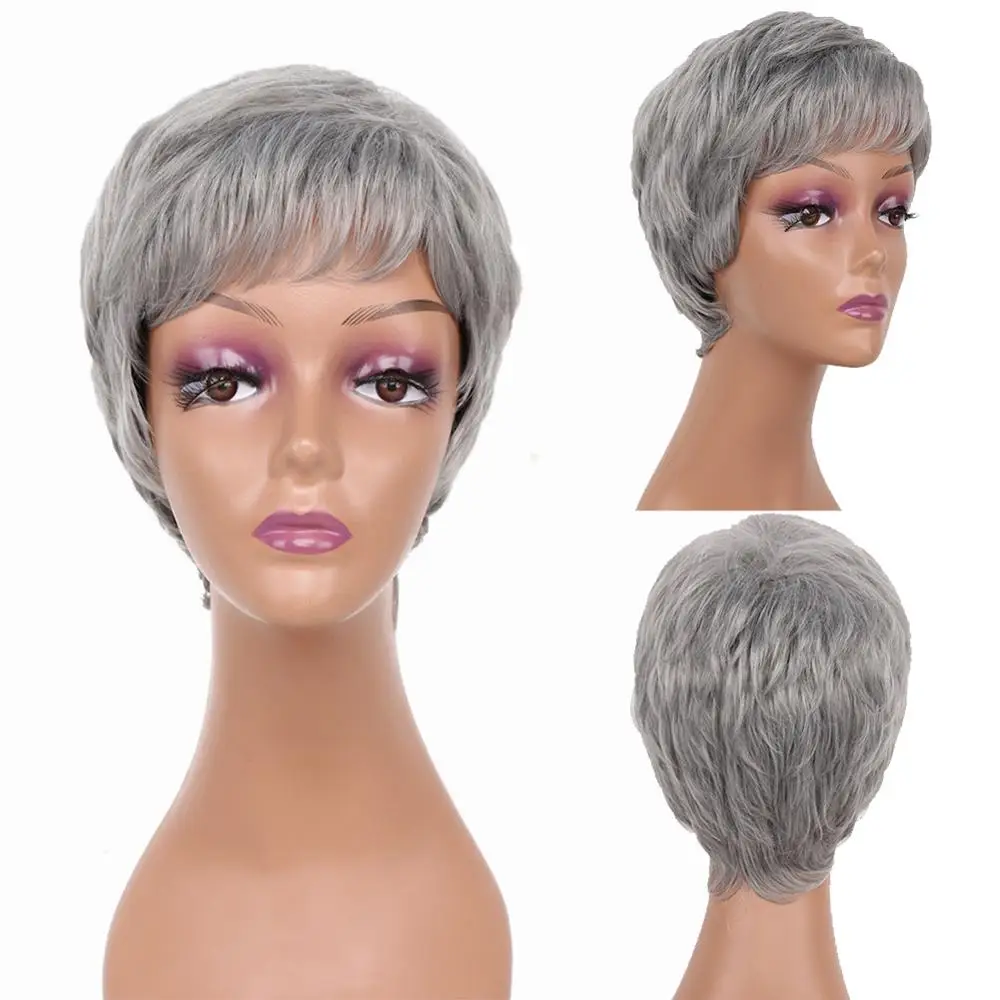 Amir Synethic Short Wigs Cute Pixie Cut Wig Straight Hair Wig with Bang Brown Grey Hair wigs for Women Party Daily Cosplay