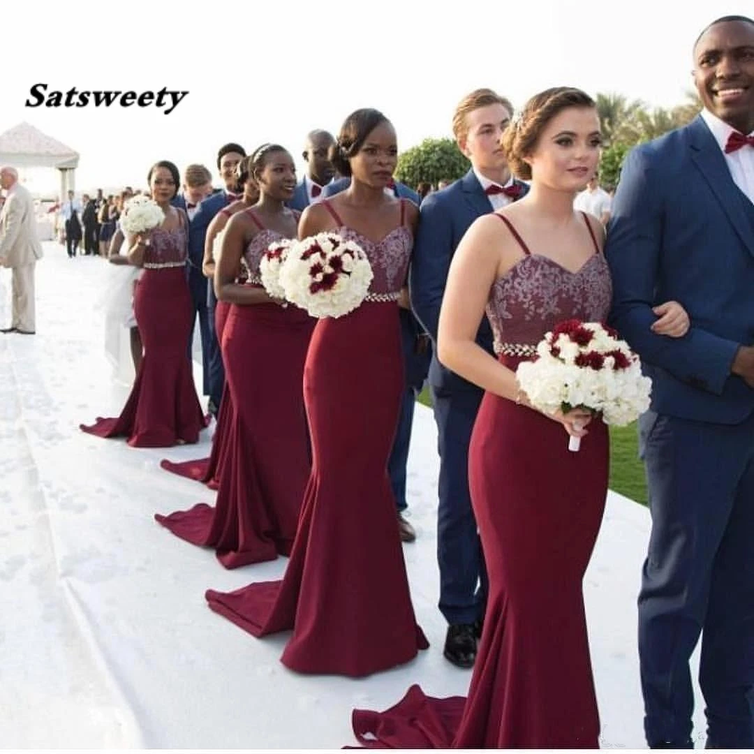 

Long Burgundy Lace Bridesmaid Dress Plus Size New Sexy Mermaid Satin Long Vintage Wedding Party Dress Spaghetti Strap Sash