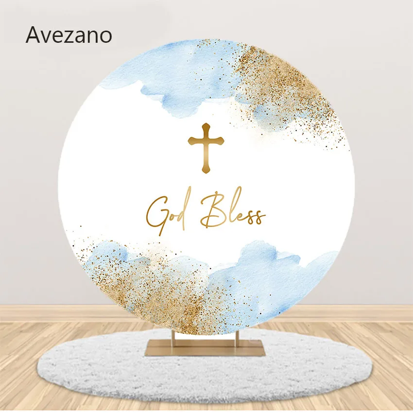 Avezano Round Elastic Background God Bless First Communion Ceremony Golden Newborn Kids Decor Backdrop Photo Studio Photozone