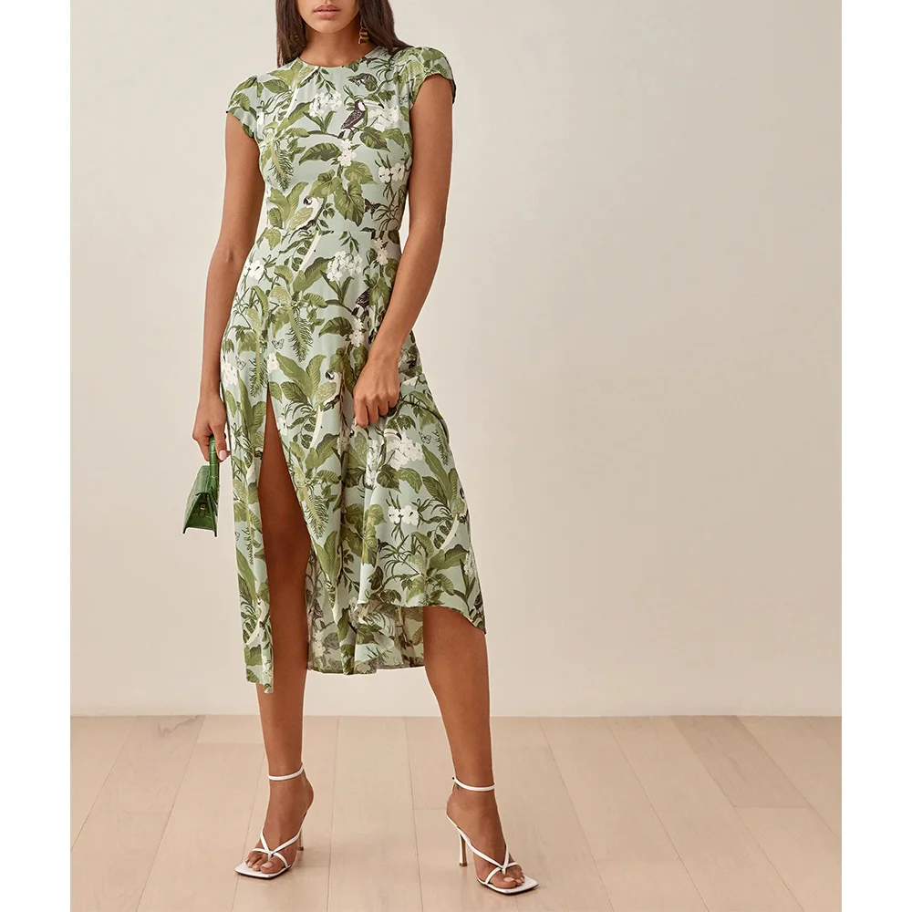 Summer Dress O-Neck Cap Sleeve Tropical Print Women Beach Dress Side High Slit Sexy Backless Party Elegant Chiffon Midi Dress