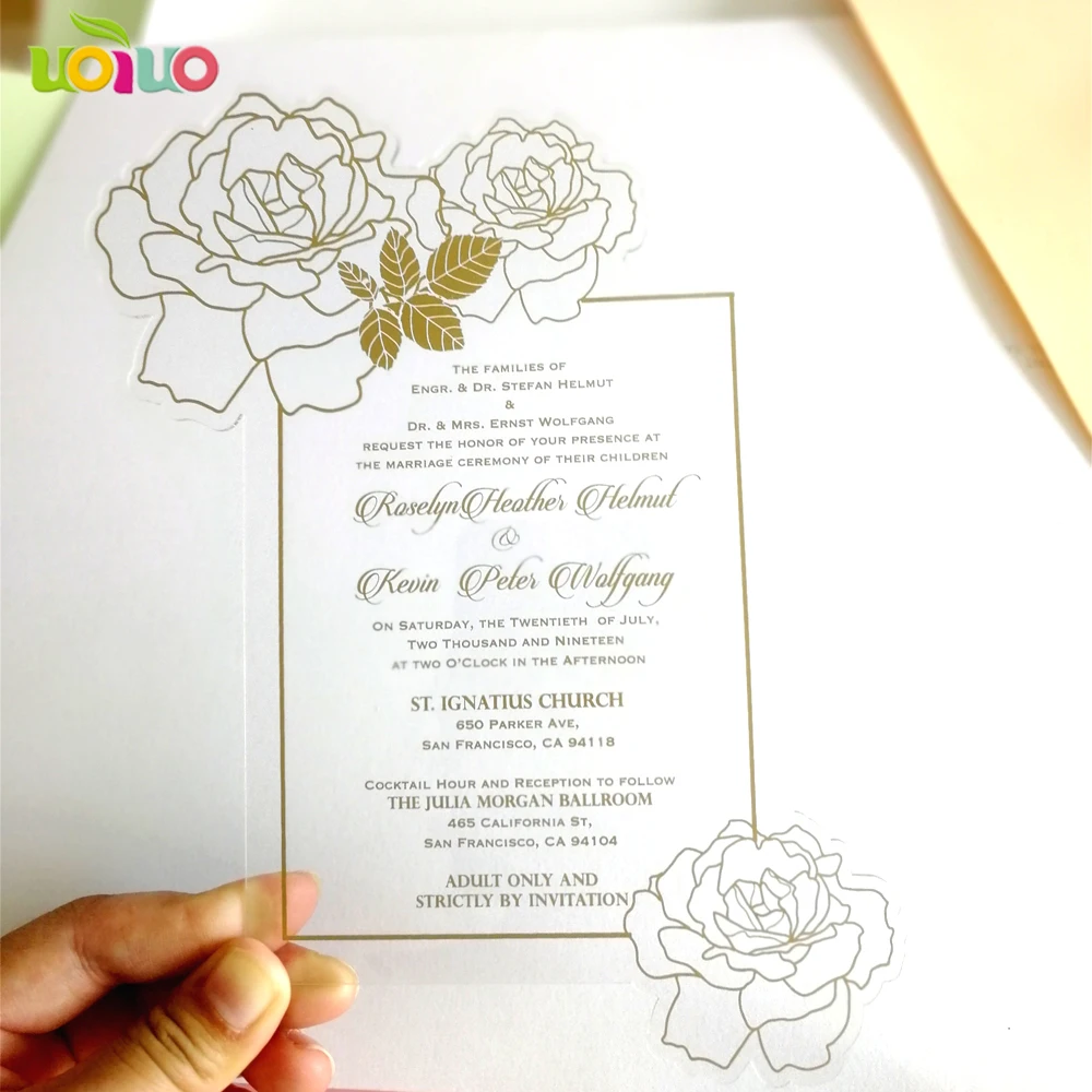 30pcs Foil Gold Silver Printing Rose Shape Wedding Invitation Card Acrylic