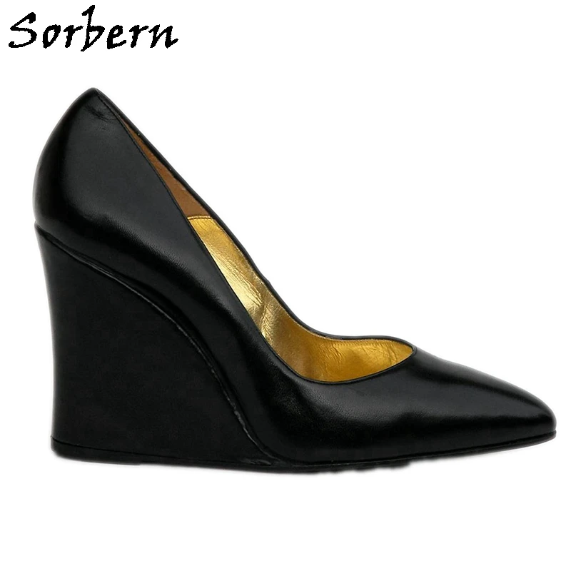 

Sorbern Black Genuine Leather Pump Shoes Slip On Pointy Toes Wedge 5Inch Shoes Female Women Heels Big Size 12 Custom Colors