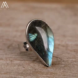 Top Quality Natural Flash Labradorite Stone Waterdrop Ring For Women Fashion Ring Jewelry Gift For Her Dropship