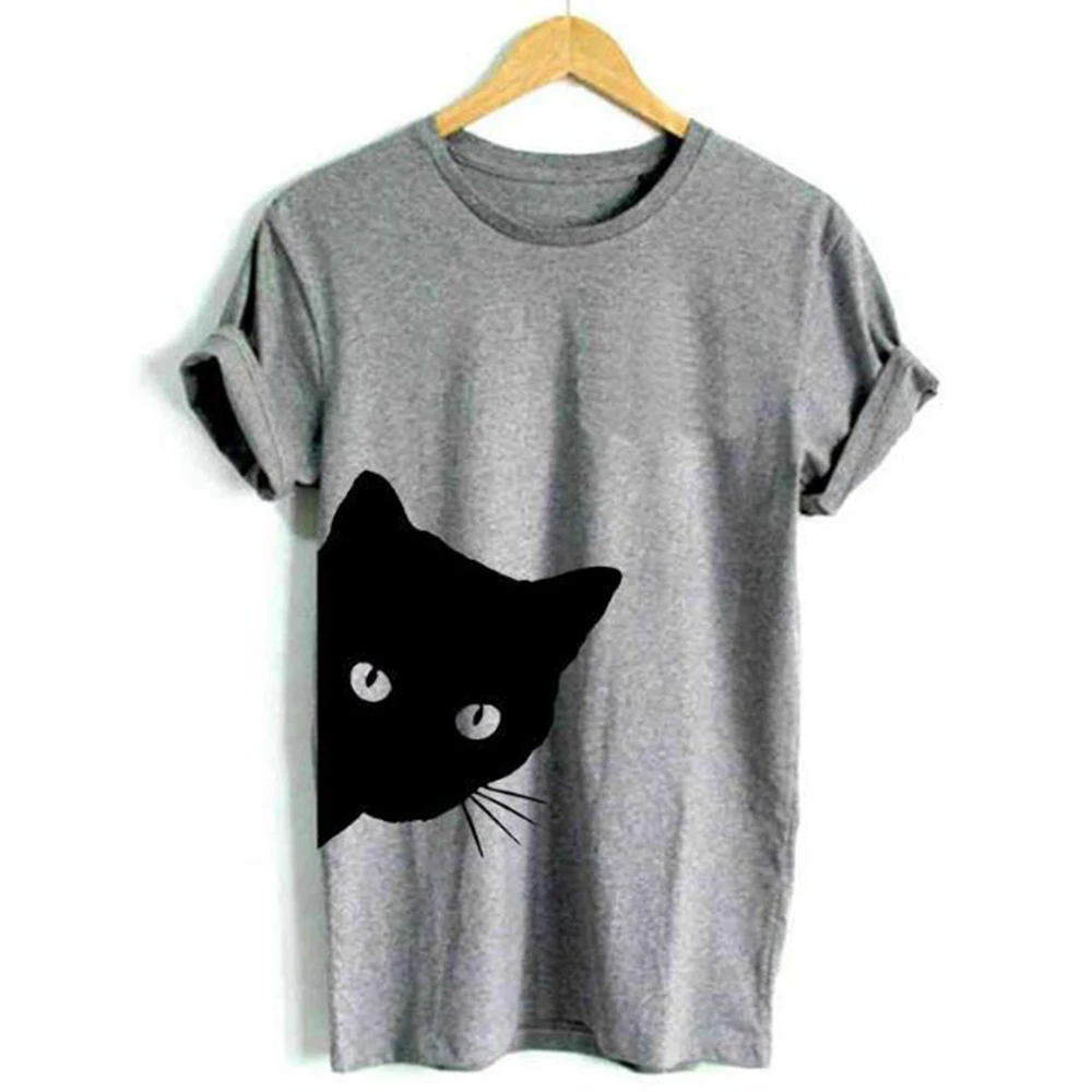 Harajuku Black T Shirt Women Tops Punk Cartoon Cat Face Letter Print Tee Shirt Femme T-shirt Casual Tee Shirt O-neck Rock Tops