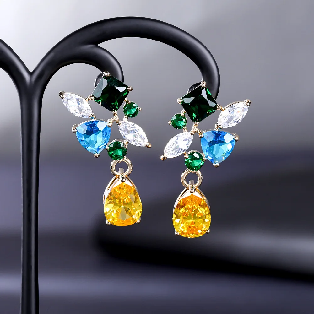 2021 Trendy Shining crystal cubic zirconia and yellow stone dangle earrings for women wedding party banquet jewelry gift