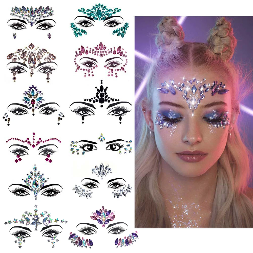 Masquerade Shiny Face Decoration 3D Crystal Sticker Music Festival Trendy Shiny Acrylic Drill Sticker Temporary Tattoo Sticker