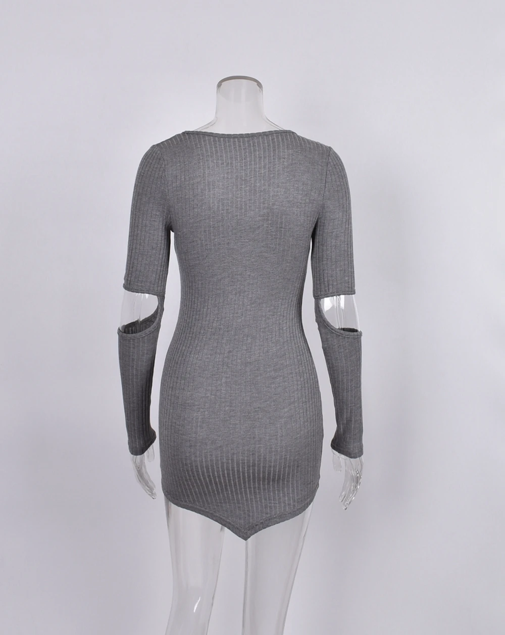 Summer New Personality Fashion Leisure Women's Wear Grey Round Collar Long-Sleeved Tight Mini Short Dress