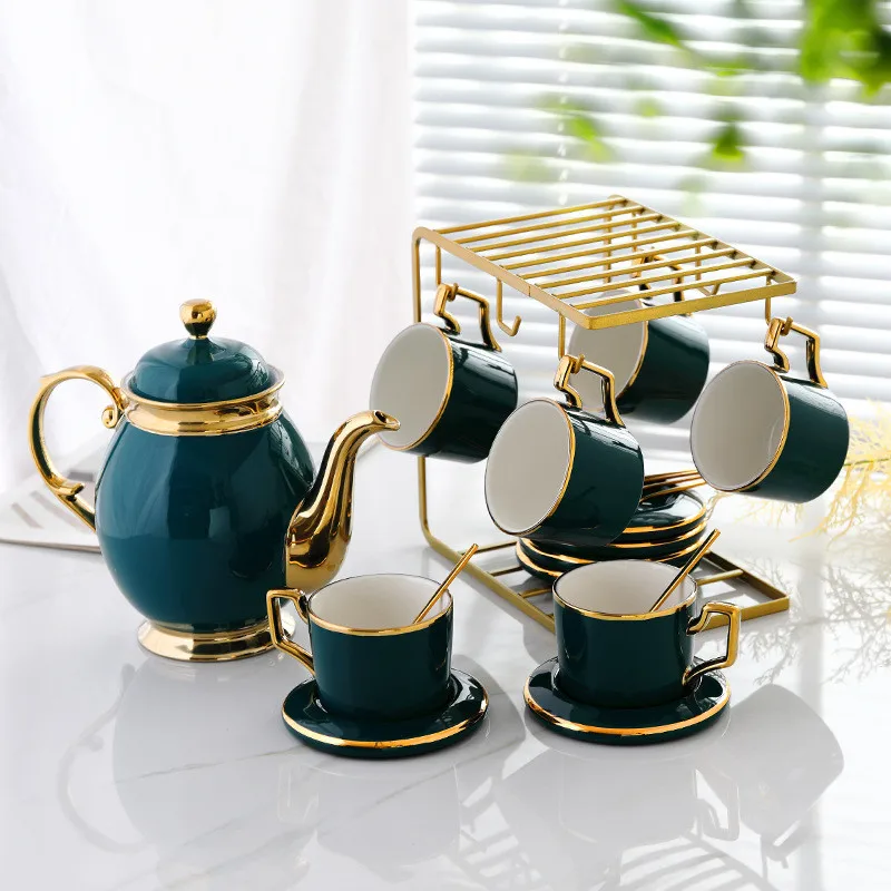 

1600ML European Luxury Tea Pot Set Ceramic Phnom Penh Teapot Porcelain With Cup Holder Saucer Spoon Home Utensils Coffee Mugs