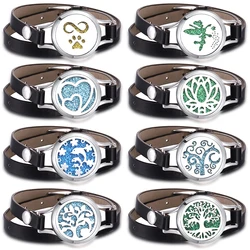 Fashion Tree of Life Aromatherapy Bracelets Essential Oil Diffuser Perfume Locket Jewelry Black Leather Stainless Steel Bracelet
