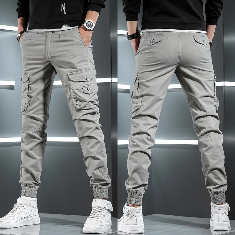 Men Tactical Cargo Pants Streetwear Multi Pocket Hip Hop Joggers Light Gray Cotton Slim Fit Trousers