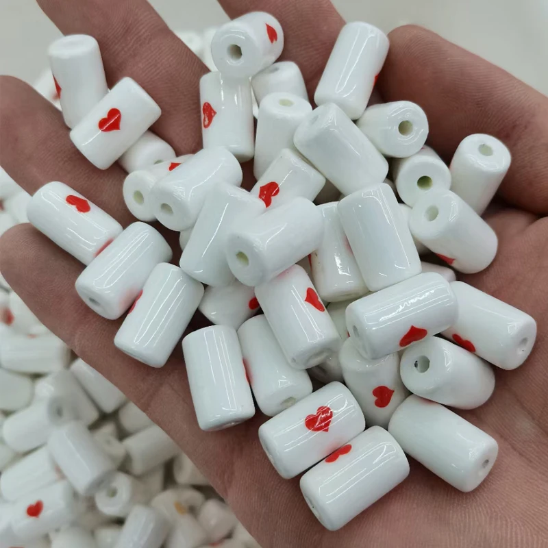 15pcs 10x17mm Tube Shape White Ceramic Beads Loose Spacer Small Red Heart Cylinder Ceramics Bead For Jewelry Making Accessories