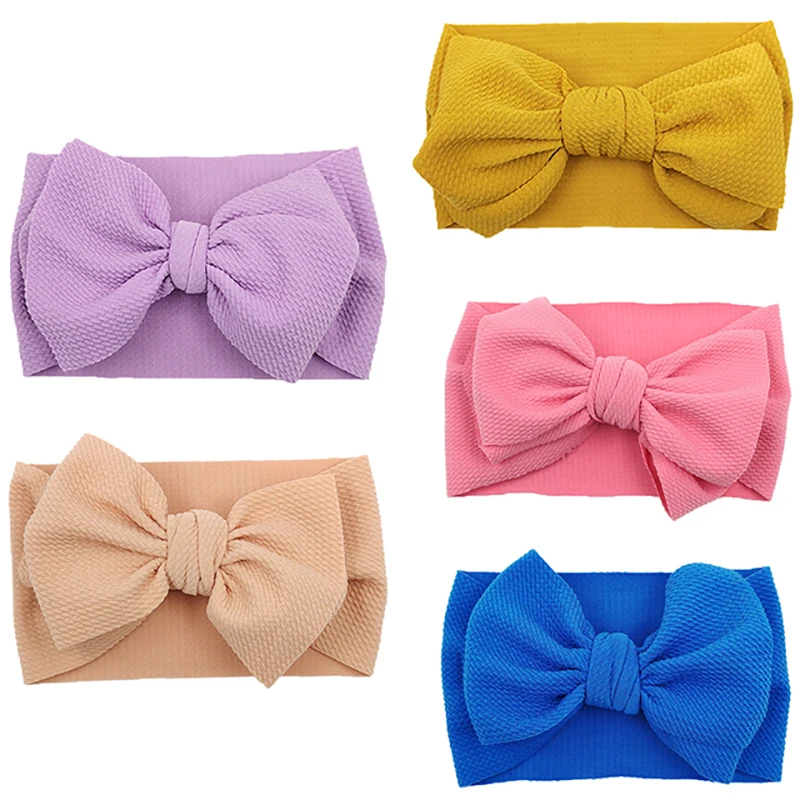 5 개/몫 큰 BowKnot Turban 아기 머리띠 수제 단단한 총알 패브릭 헤어 밴드 표범 꽃 무지개 인쇄 신생아 Headwraps