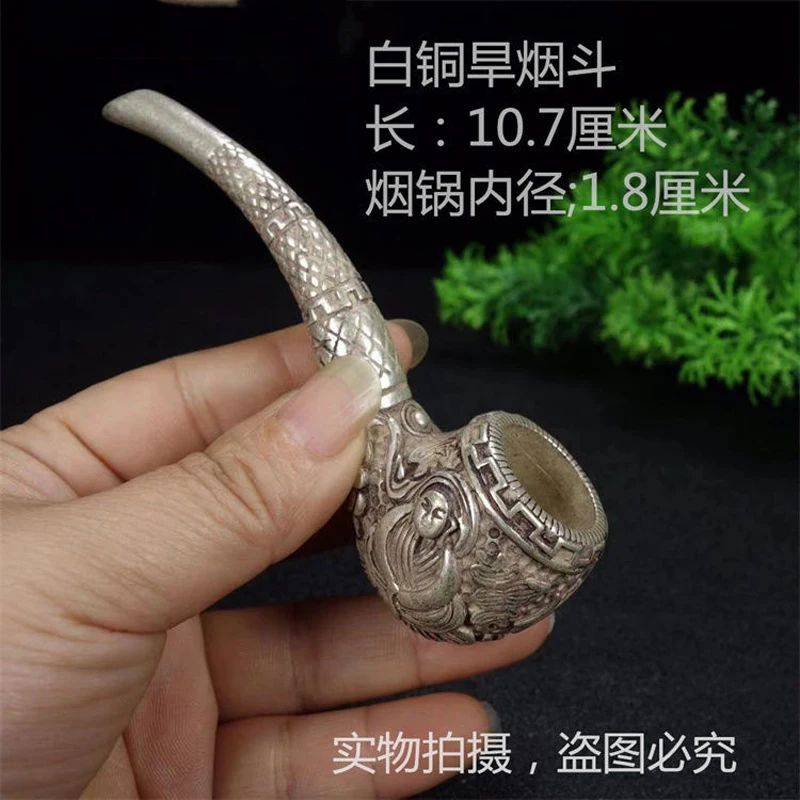 Exquisite Chinese Vintage Handmade Brass White Copper Carved Buddha/Eight Immortals Tobacco Pipe Men\'s Pipe