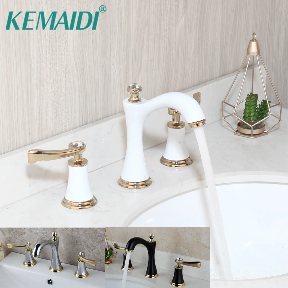 

KEMAIDI White Brass 3 Pcs Swivel Bathroom Bathtub Basin Deck Mount Faucet Stream Deck Mounted Basin Mixer Tap Black