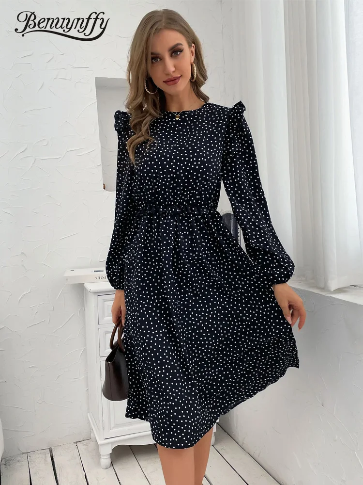 Benuynffy Crew Neck Frill Trim Polka Dot Dress Women Spring Fall Button Back Long Sleeve A-line Midi Casual Ladies Dresses