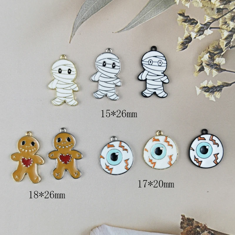 MuhNa 10pcs Halloween Series Mummy Gingerbread Man Eyes Enamel Charms Alloy Pendants Floatings Bracelets DIY Jewelry Accessories