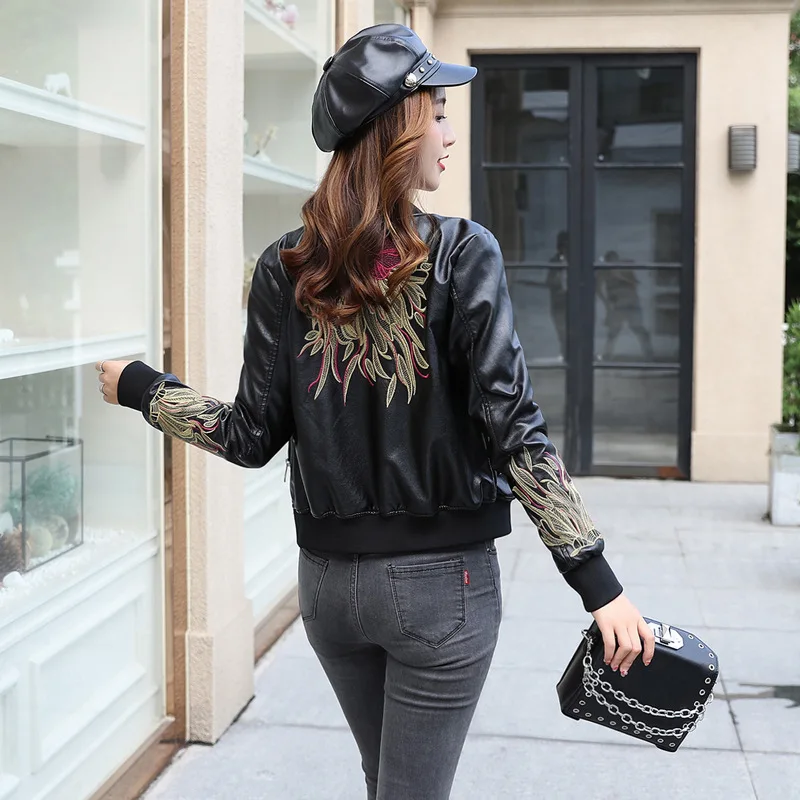 Motorcycle Leather Jacket Women Spring Autumn Baseball Leather Coat Female Embroidered Pu Leather Jackets 6109 KJ3998