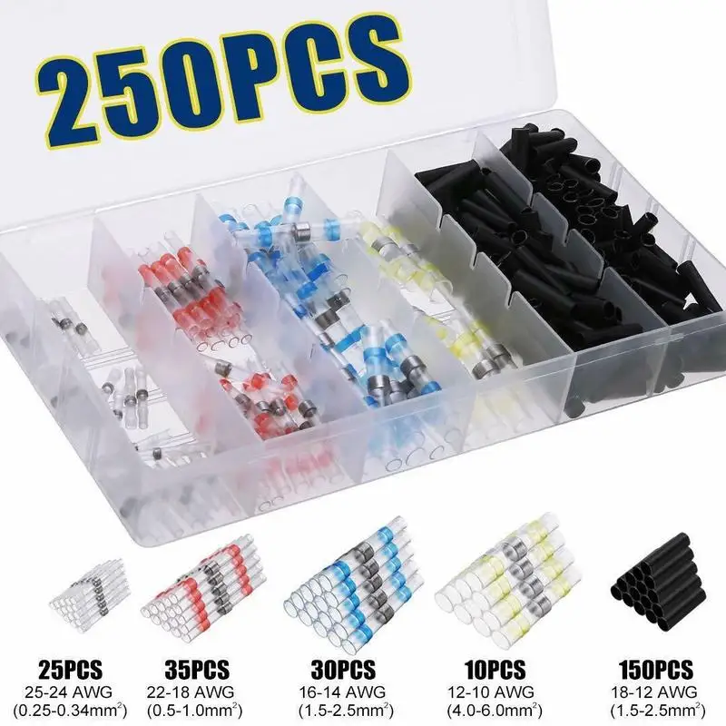 250PCS 4 Sizes Soldering Sleeve Seal Heat Shrink Butt Electrical Wire Connectors Splice Terminals Waterproof Kit Assortment