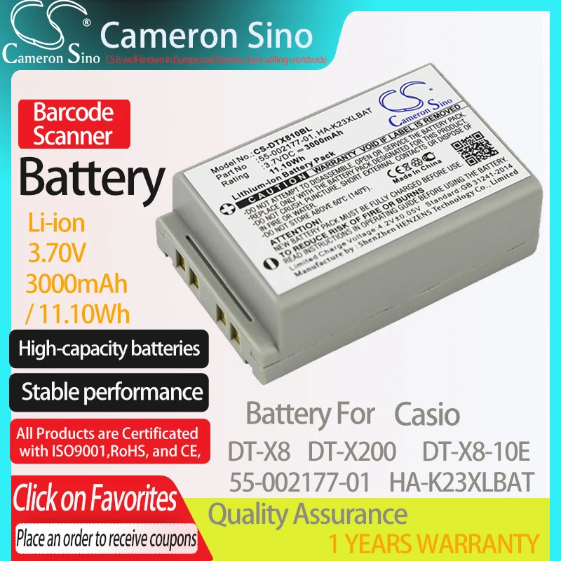 

CameronSino Battery for Casio DT-X8 DT-X8-10E DT-X200 fits Casio 55-002177-01 HA-K23XLBAT Barcode Scanner battery 3000mAh 3.70V