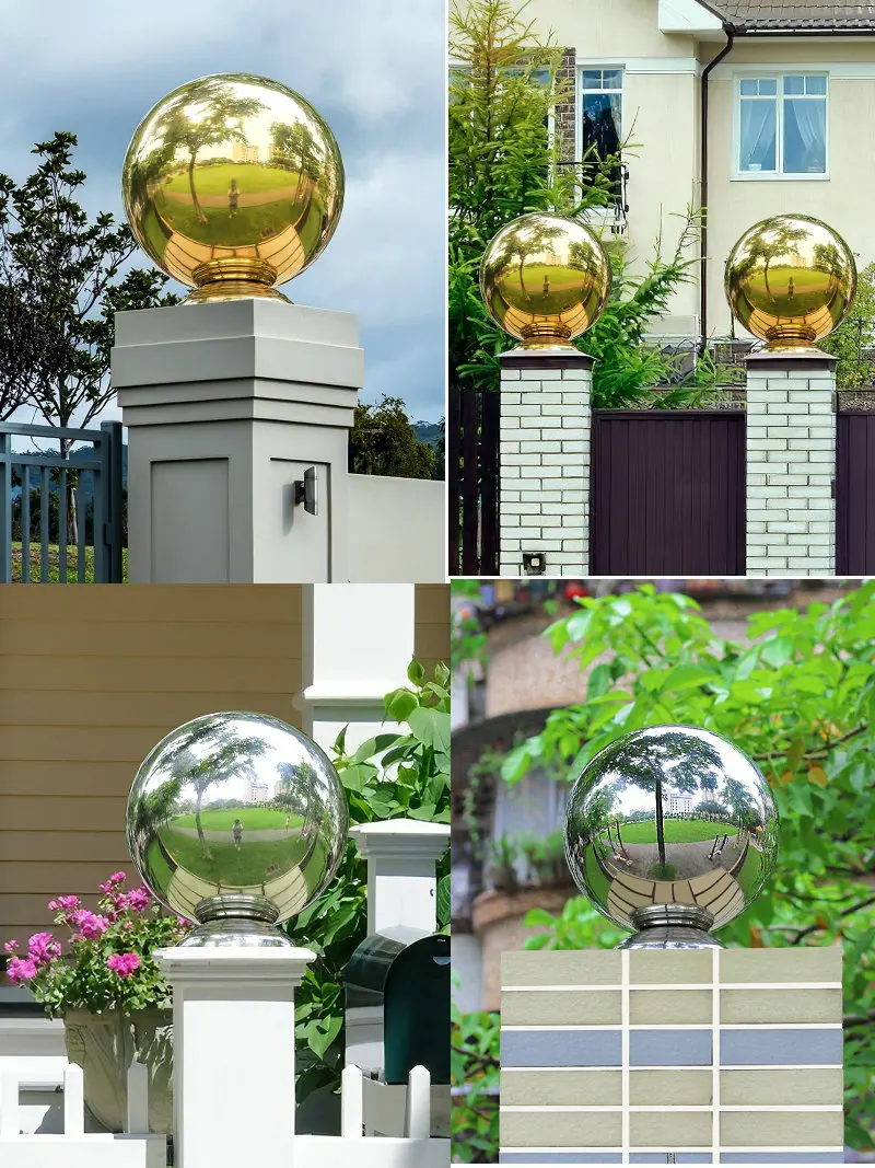 HQ Polished/Gold All Season Garden Fountain Outdoor Gate Decoration Stainless Steel 304 Hollow Sphere Ball with Base